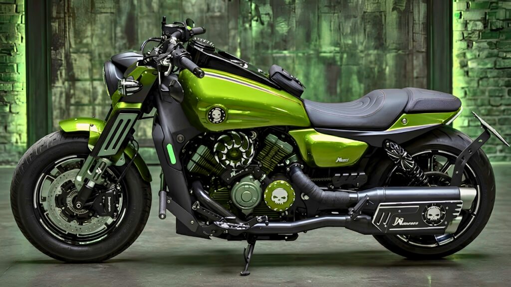 QJ Motor SRV 600V Verde Brillante: Moto Cruiser Custom con Diseño de Calavera