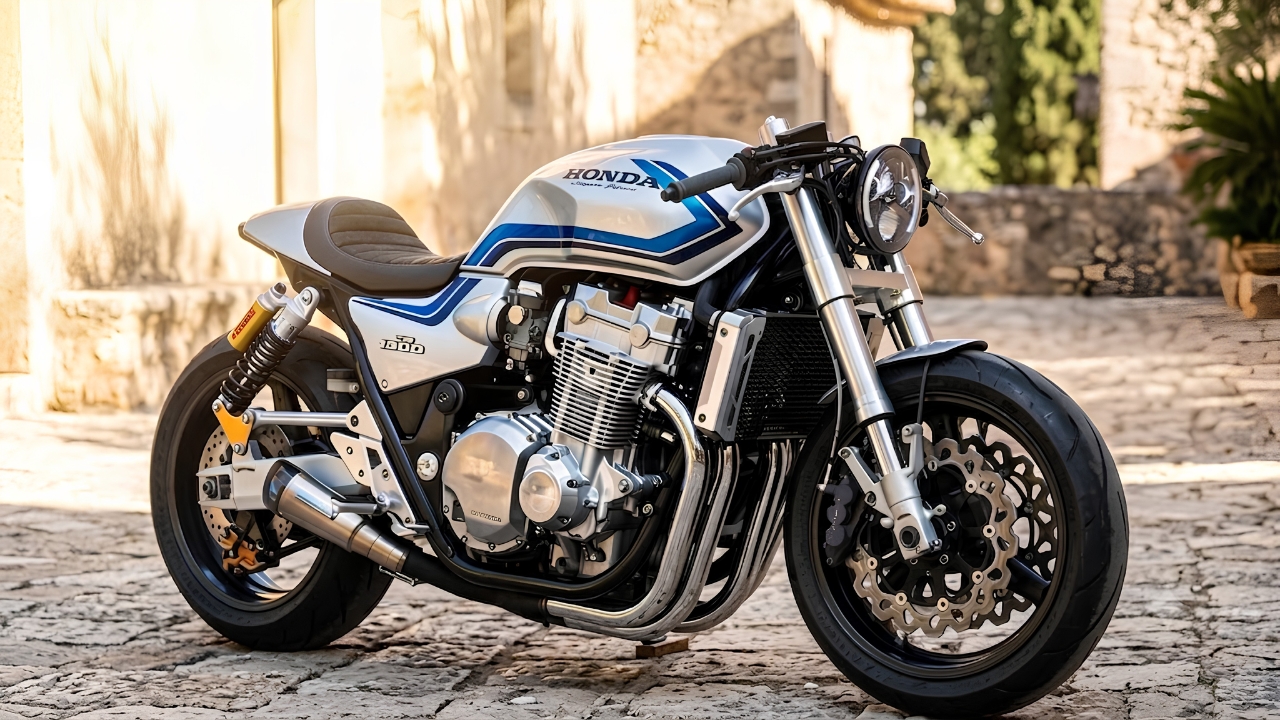 Nueva Honda CB1300 Café Racer: Impresionante Preparación con Manillares Clip-On y Elegante Decoración Retro en Plata y Azul